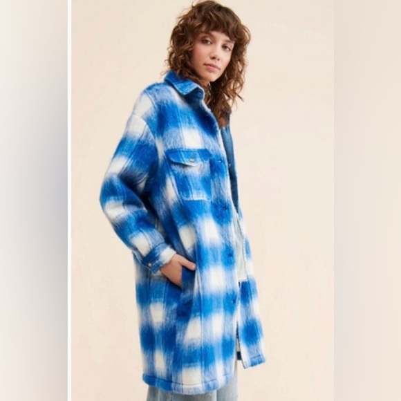 Wrangler Jackets & Blazers - Wrangler x Free People Blue and White Checkered Plush Long Shacket